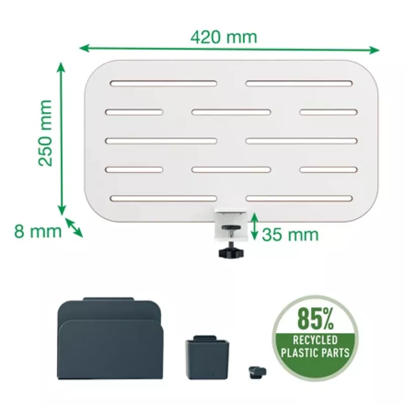 Leitz Ergo small pegboard bureau-organizer, 42x25 cm, MDF, gerecycled plastic, rubber, wit, klembevestiging, letter, papier, afbeelding, 450 x 61 x 330 mm, 450 mm