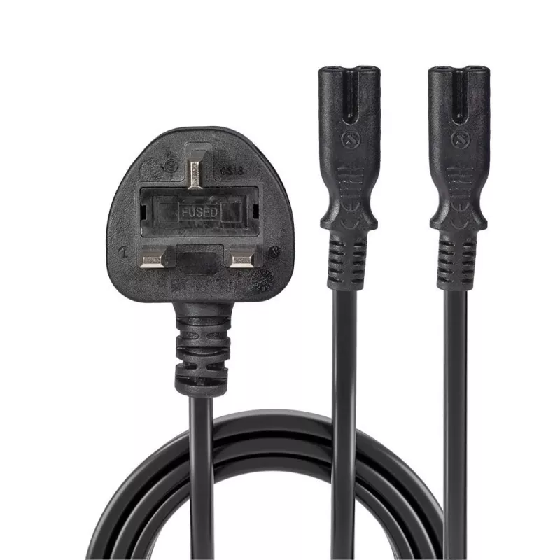 Lindy 2,5 m UK-stekker type G naar 2x IEC C7 splitter-verlengkabel, zwart