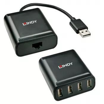 Lindy 60m 4-poorts USB 2.0 Cat.6 extender, USB 2.0, RJ-45, USB 2.0, zwart, metaal, 52 mm, 60 mm