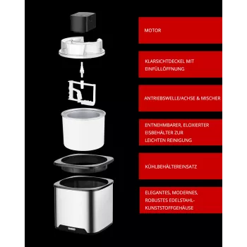 Unold ijsmachine Gelato 1,5 L, traditionele ijsmachine, 1,5 L, 1 kommen, zwart, roestvrij staal, 30 min, LCD