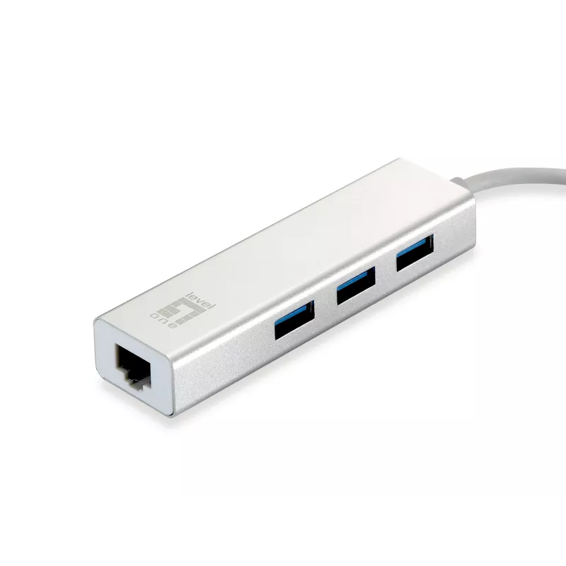 LevelOne Gigabit USB netwerkadapter, USB-hub, bedraad, USB, Ethernet, 1000 Mbit/s, zilver, wit