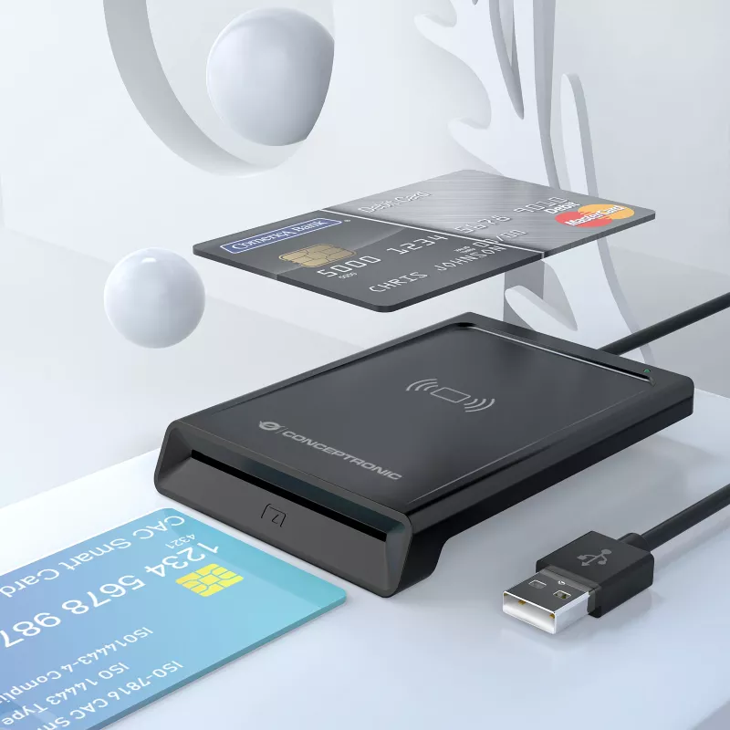 Conceptronic BIAN11B dual-interface smart-ID-kaartlezer, USB 2.0, Near Field Communication (NFC), 1 m, zwart, 100 g