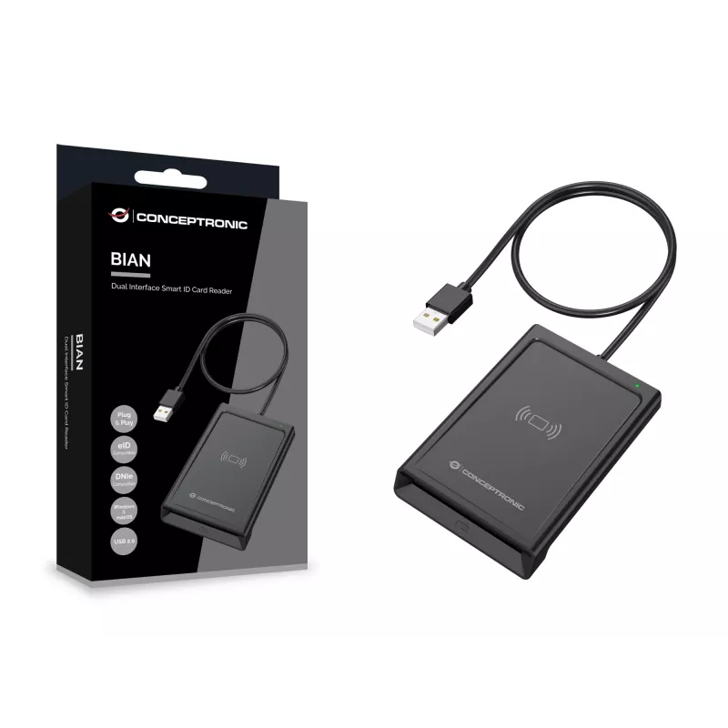 Conceptronic BIAN11B dual-interface smart-ID-kaartlezer, USB 2.0, Near Field Communication (NFC), 1 m, zwart, 100 g