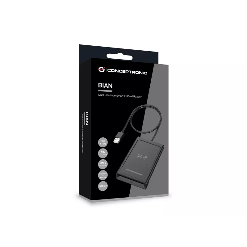 Conceptronic BIAN11B dual-interface smart-ID-kaartlezer, USB 2.0, Near Field Communication (NFC), 1 m, zwart, 100 g