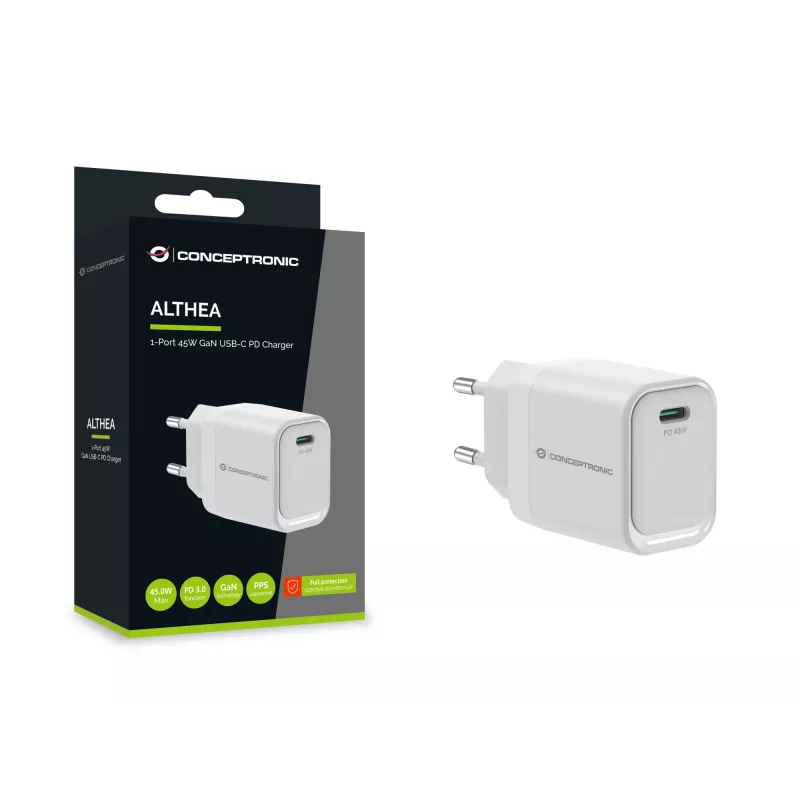 CONCEPTRONIC ALTHEA19W45 1-poorts 45W GaN USB-C PD-oplader met PPS, PD 3.0, 100–240V, wit