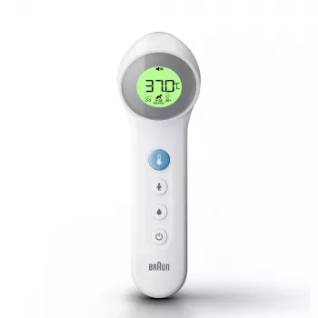 Digitaal voorhoofdthermometer BRAUN BNT400 — afstandsmeting, bereik 34–43 °C, nauwkeurigheid 0,1 °C, wit