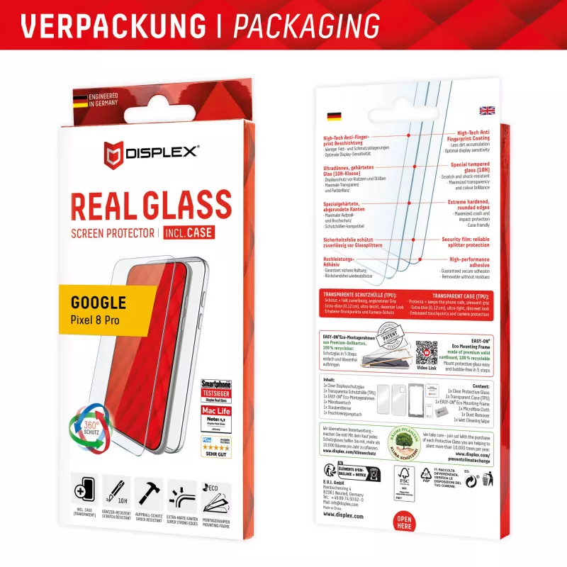 Displex displayschermbeschermfolie + hoesje voor Google Pixel 8 Pro, Eco montageframe, krasbestendig