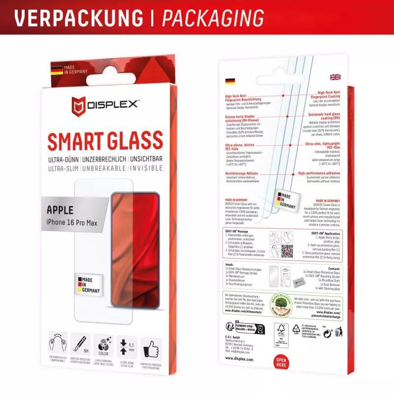 Displex Smart Glass (9H) voor Apple iPhone 16 Pro Max, montagesticker, onbreekbaar