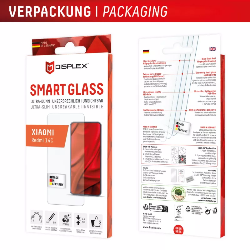 Displex Smart Glass (9H) voor Xiaomi Redmi 14C, montagesticker, onbreekbaar