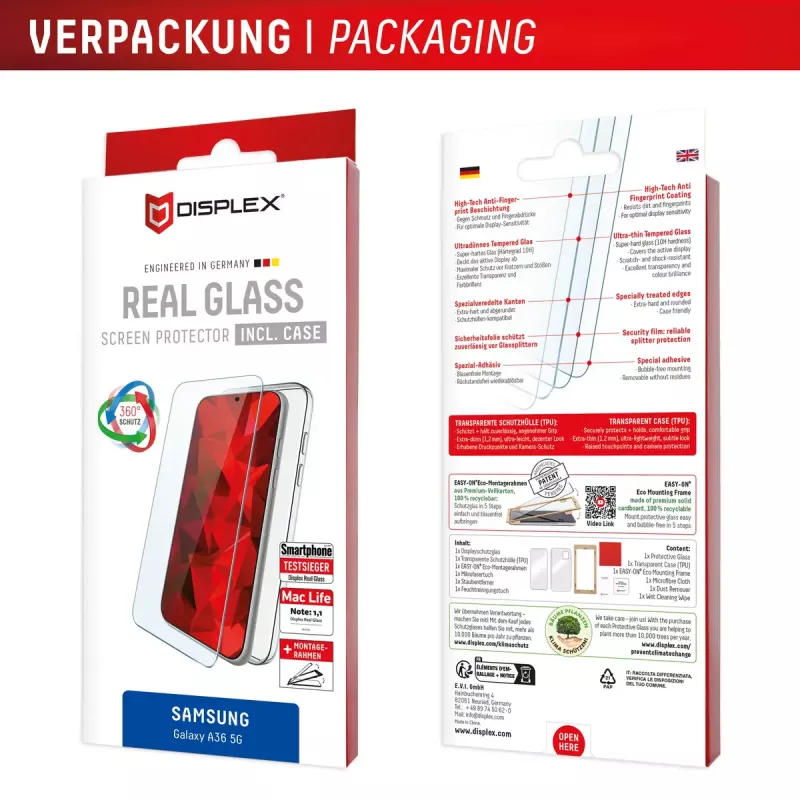 Tempered Glass Screen Protector + hoesje voor Samsung Galaxy A36 van e.v.i., Eco montageframe, krasbestendig, transparant