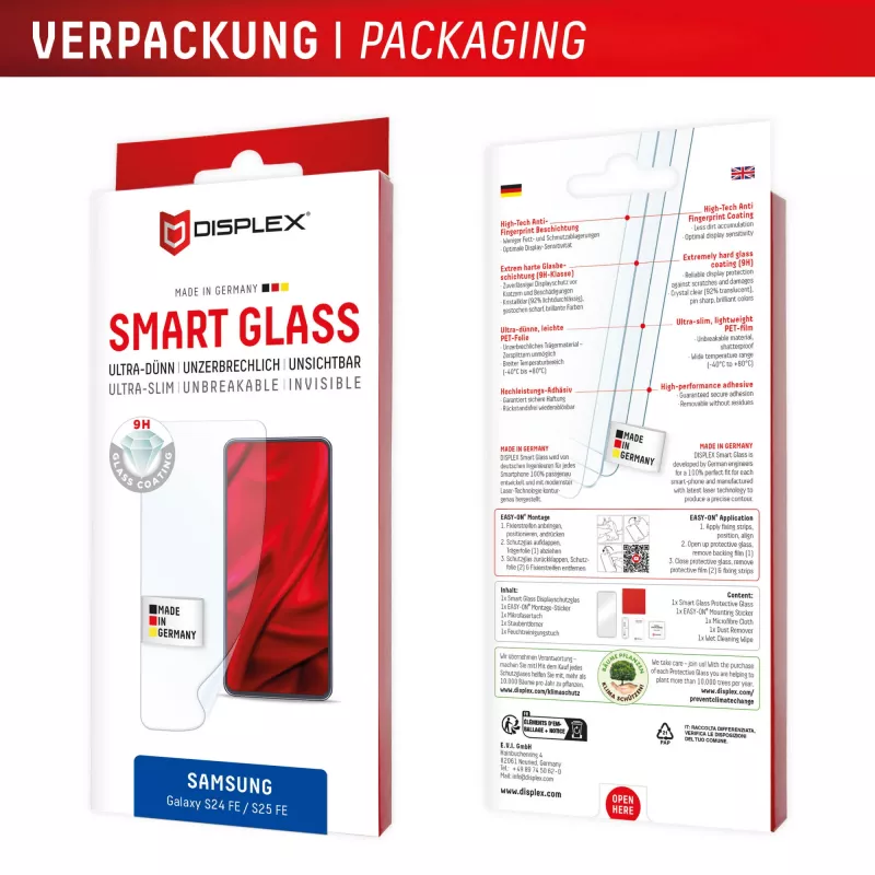 Displex Smart Glass (9H) voor Samsung Galaxy S25 FE/S24 FE, montagesticker, onbreekbaar