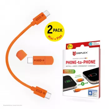 Displex Phone-to-Phone noodlader, USB-C naar USB-C, mini-stekker + flexkabel, compacte set van 2