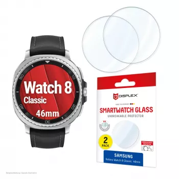 Displayschermfolie e.v.i. Displex 9H-glas voor Galaxy Watch 8 (46mm) – 2-pack, ultradun, randloos, anti-vingerafdruk