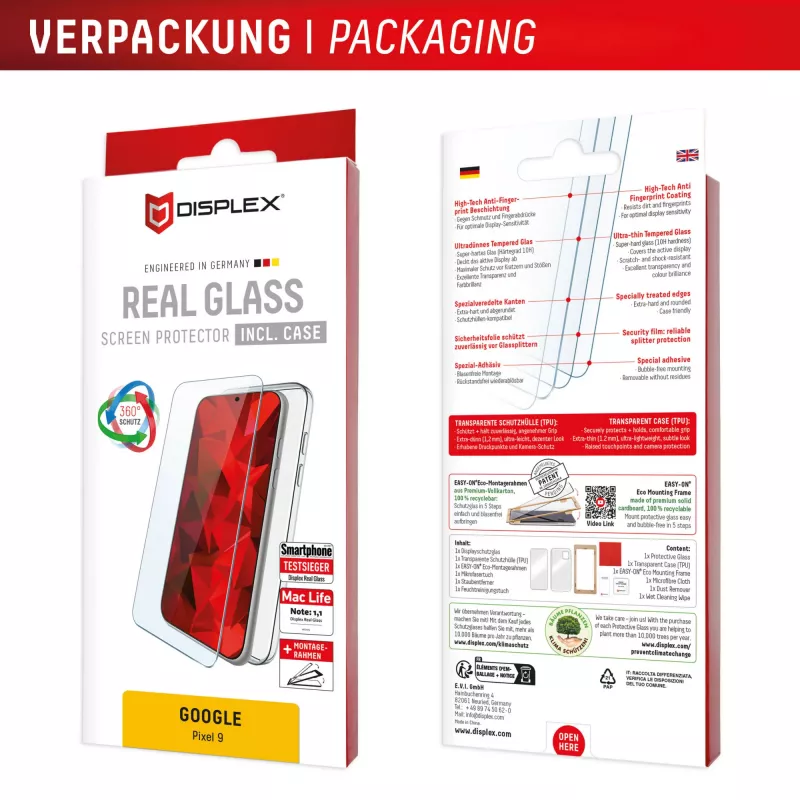 Screenprotector + hoes e.v.i. voor Google Pixel 9 met Eco-montageframe, gehard glas, transparant, krasvast