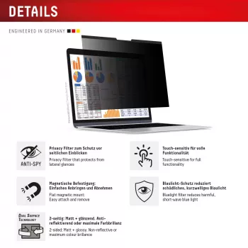 Privacyfilter e.v.i. Displex PRIVACY SAFE magnetisch 2-weg voor 16 inch (16:10) laptop / notebook, randloos, glanzend/mat, 3H