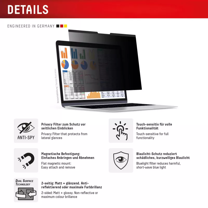 Privacyfilter e.v.i. Displex PRIVACY SAFE magnetisch 2-weg voor 16 inch (16:10) laptop / notebook, randloos, glanzend/mat, 3H