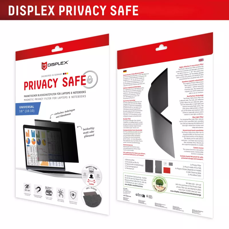 Privacyfilter e.v.i. Displex PRIVACY SAFE magnetisch 2-weg voor 16 inch (16:10) laptop / notebook, randloos, glanzend/mat, 3H
