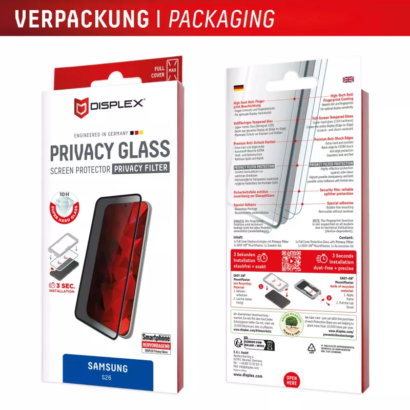 Displex privacy displayschermglas (10H) voor Samsung S26, privacyfilter