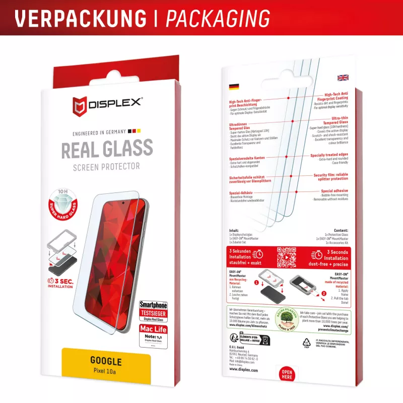 e.v.i. Displex gehard-glas displayschermbescherming 10H voor Google Pixel 10a, transparant, kras- en stootvast