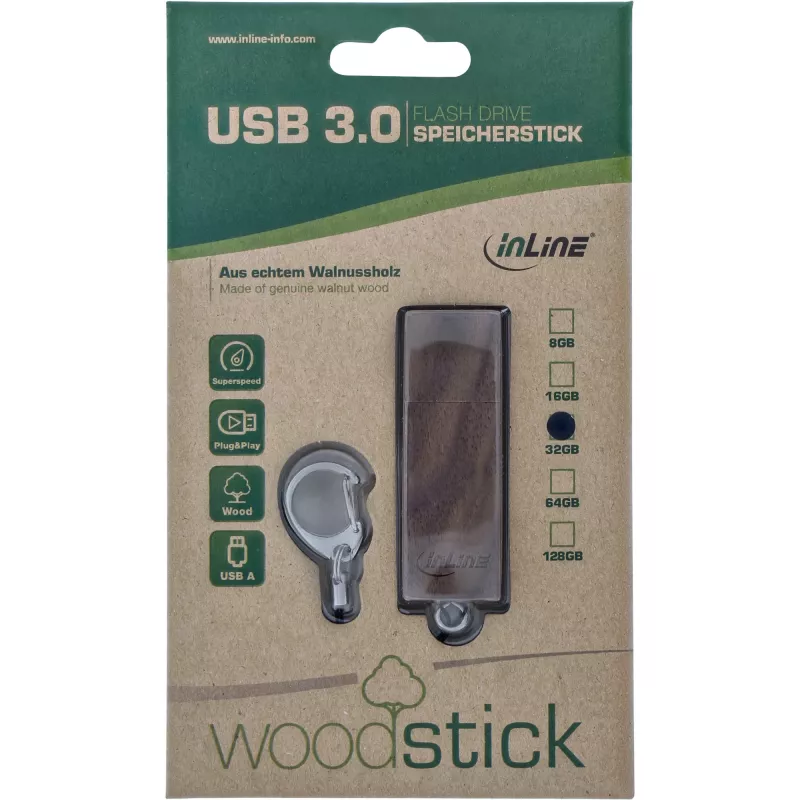 InLine USB 3.0 flashdrive, Woodline walnoot, met sleutelhanger, 32 GB