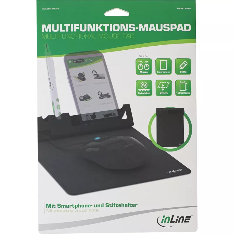 Muismat InLine 55261 — multifunctionele rubberen onderlegger met smartphone- en penhouder, 250×? mm, zwart