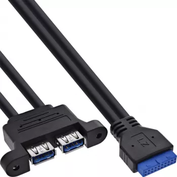 InLine 33390K interne USB 3.2 Gen 1-kabel, moederbord naar 2x USB-A-bus, 0,45m