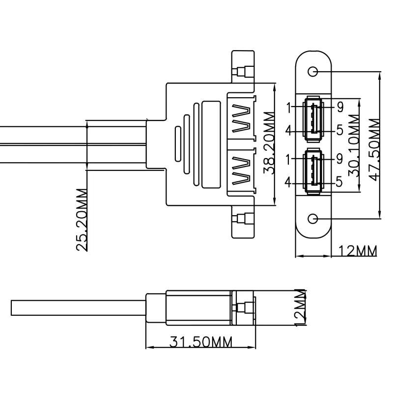InLine 33390K interne USB 3.2 Gen 1-kabel, moederbord naar 2x USB-A-bus, 0,45m