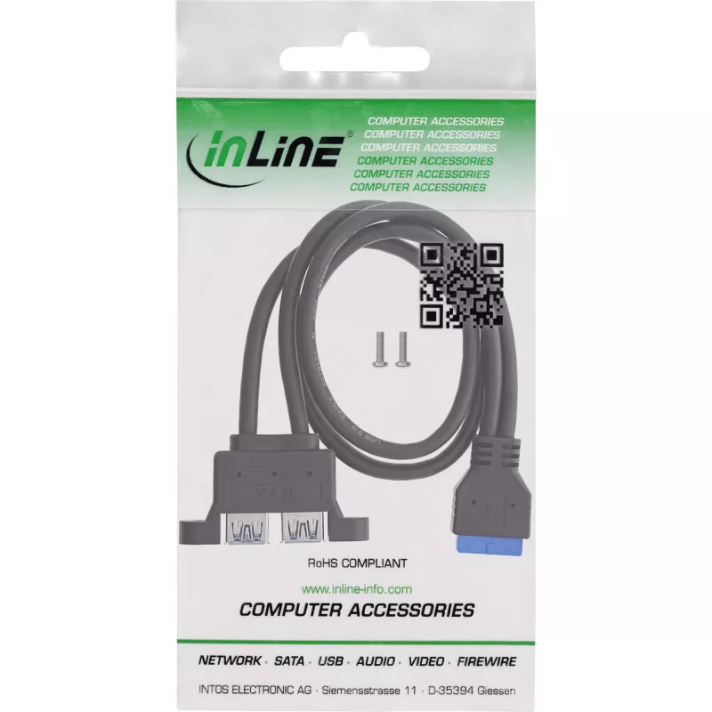InLine 33390K interne USB 3.2 Gen 1-kabel, moederbord naar 2x USB-A-bus, 0,45m