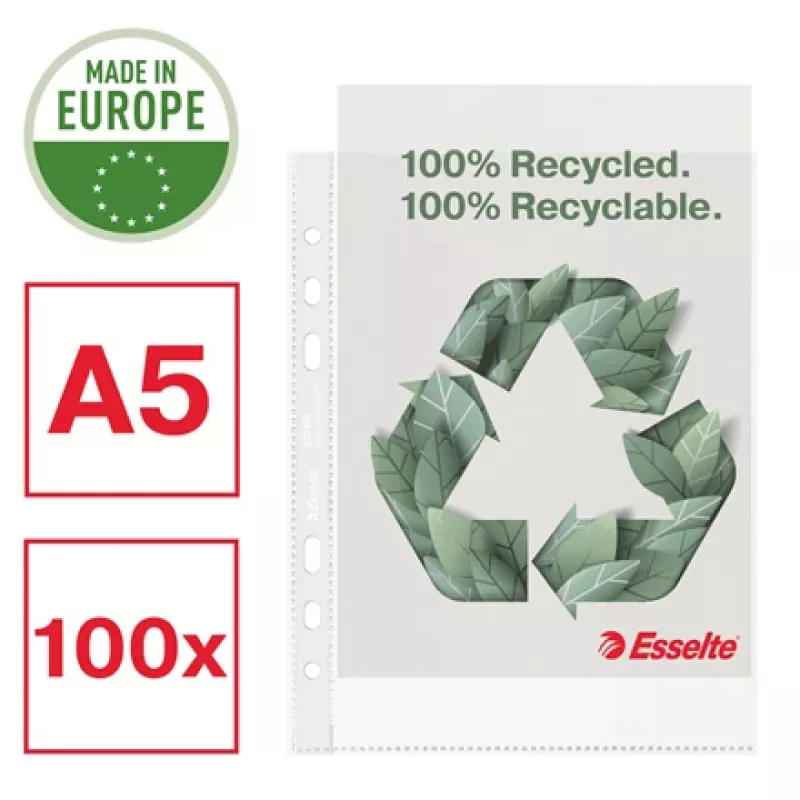 Esselte Recycle Pocket A5, 150 x 210 mm (A5), transparant, polypropyleen (PP), liggend/staand, boven, 0,07 mm