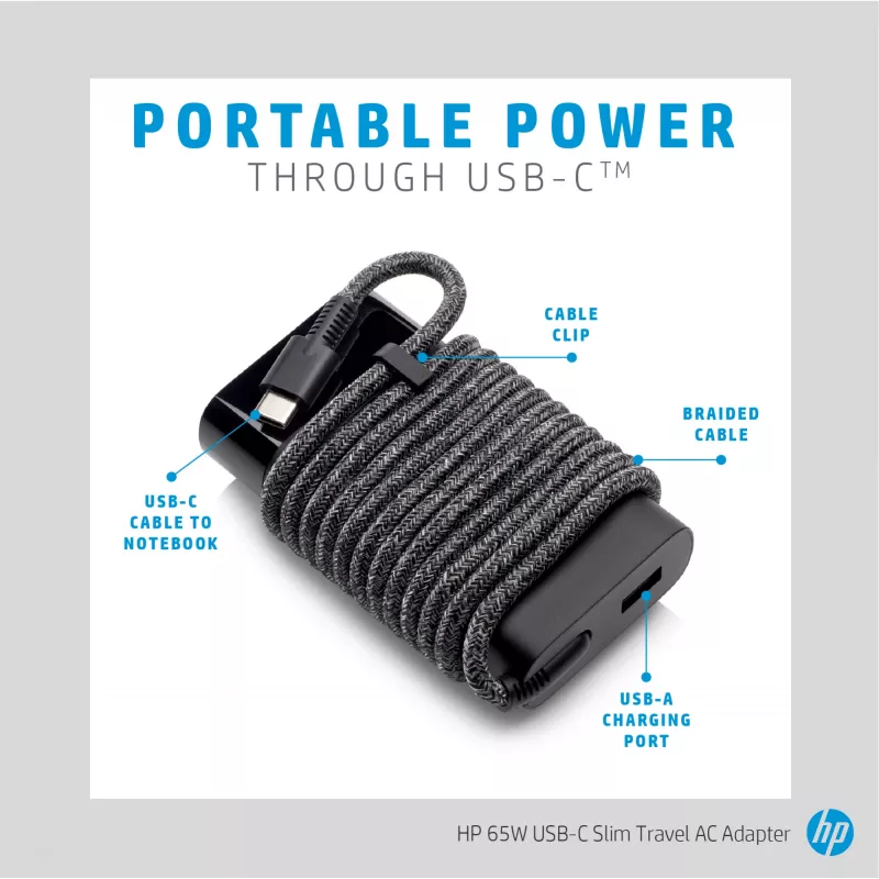 HP 65W USB-C slanke reisvoeding, laptop, universeel, 90 V, 47 - 63 Hz, 65 W, 20 V