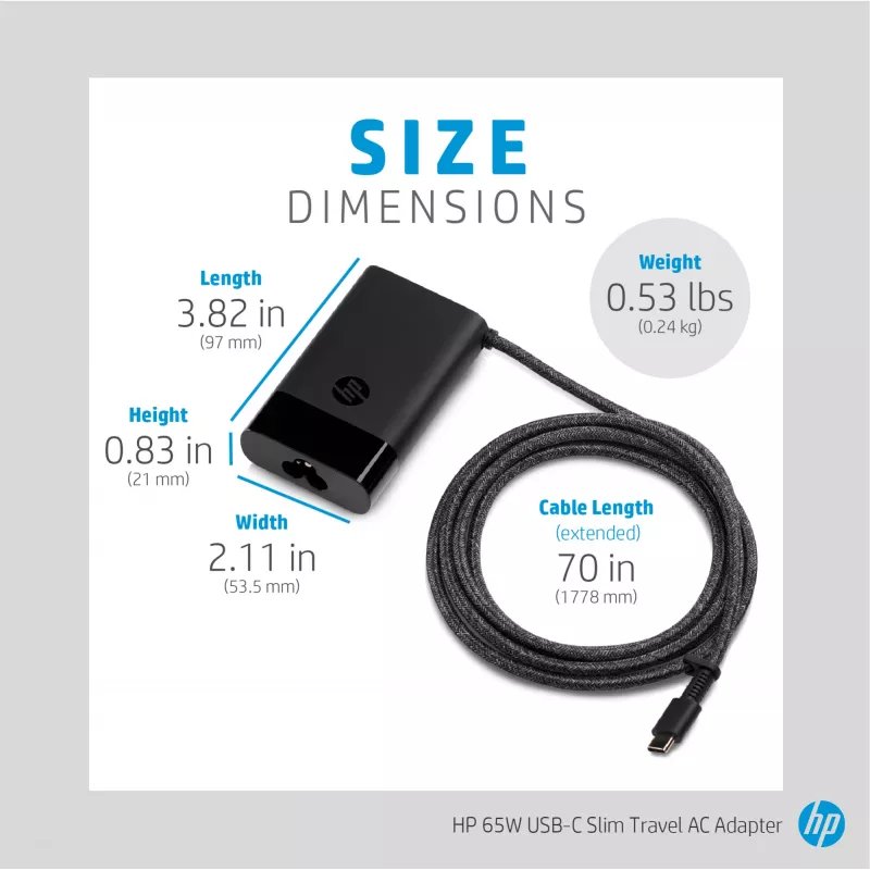 HP 65W USB-C slanke reisvoeding, laptop, universeel, 90 V, 47 - 63 Hz, 65 W, 20 V