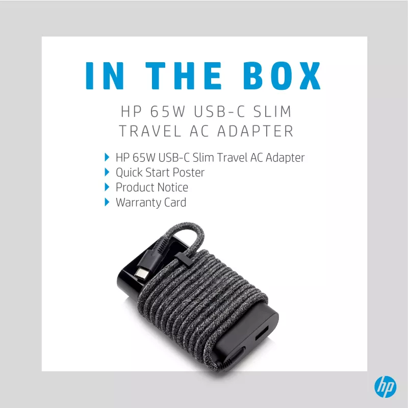 HP 65W USB-C slanke reisvoeding, laptop, universeel, 90 V, 47 - 63 Hz, 65 W, 20 V