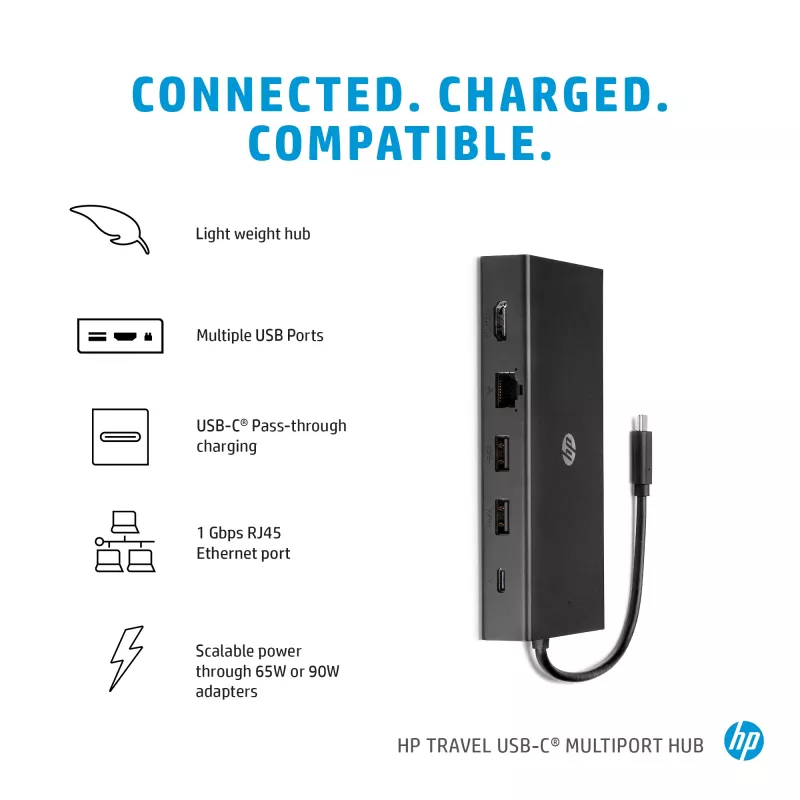 HP 65W USB-C slanke reisvoeding, laptop, universeel, 90 V, 47 - 63 Hz, 65 W, 20 V
