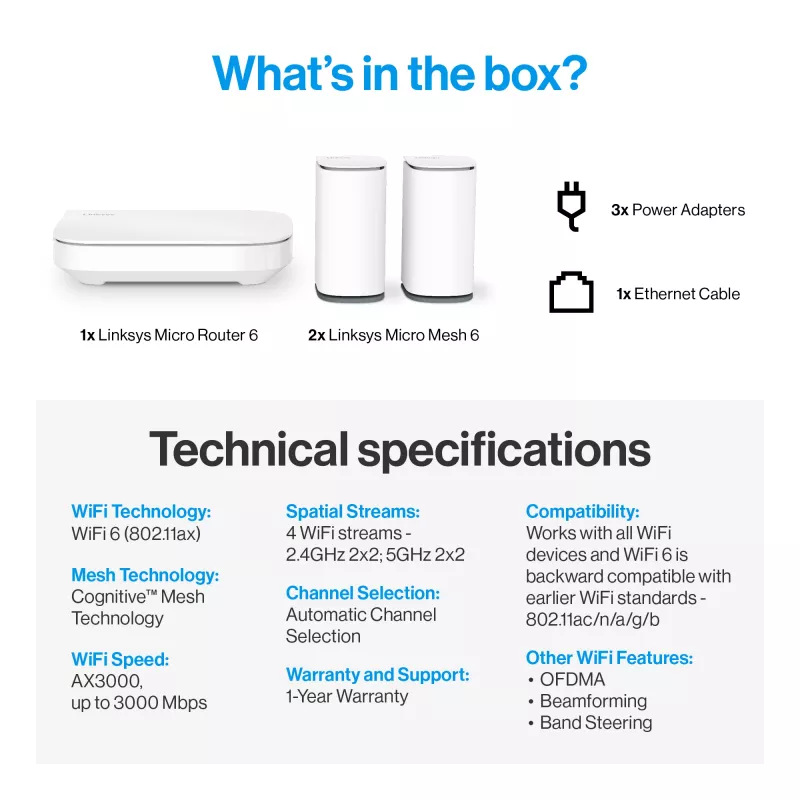 Linksys Velop Micro 6 mesh-systeem – dual-band WiFi 6 AX3000 (3-pack)