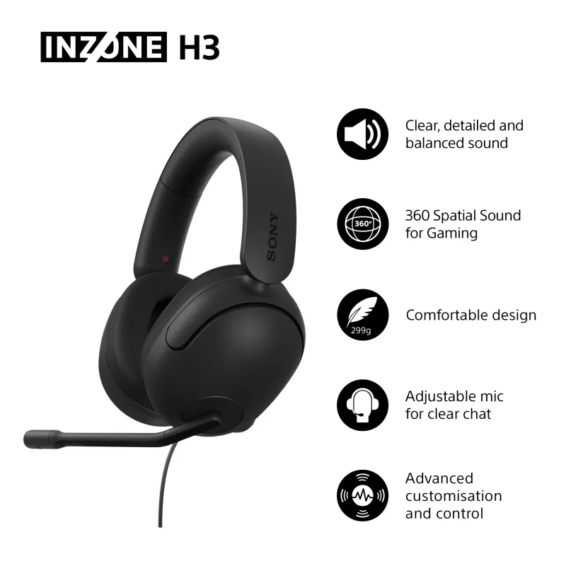 Bedrade over-ear-headset Sony INZONE H3 – zwart, model MDRG300B.CE7