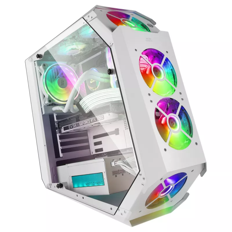 Mars Gaming MC51W wit pc-gaming-ATX-behuizing met dubbel gehard glas, 5x RGB 12cm ventilator