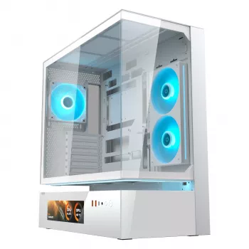 COUGAR CFV235 Vision midi-tower pc-behuizing – ARGB, 23,3 cm (9,16 inch) LCD, gehard glas, wit, ondersteunt ATX/Micro-ITX, 2x 3,5 inch + 2x 2,5 inch