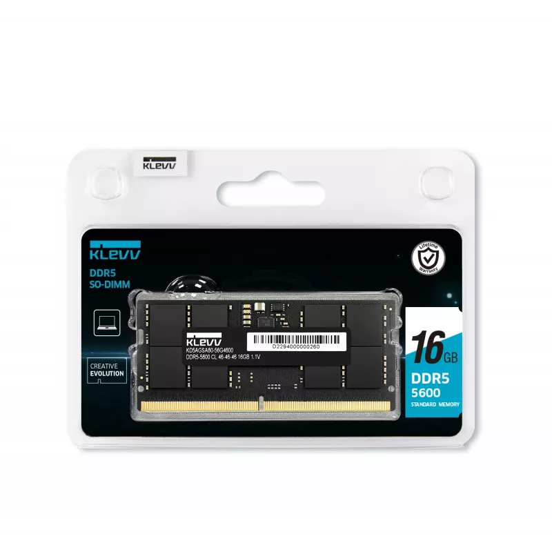 Klevv 16GB laptop-RAM-module DDR5 5600MT/s PC5-44800 unbuffered non-ECC SODIMM 1,1V 2GX8 CL46
