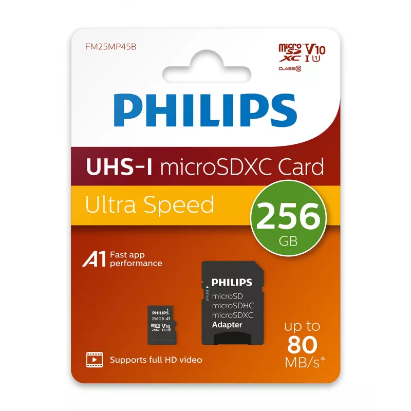 Philips FM25MP45B/00 microSDXC-kaart, 256 GB, Class 10, UHS-I U1, incl. adapter