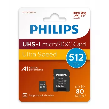 Philips FM51MP45B/00 microSDXC-kaart, 512 GB, Class 10, UHS-I U1, incl. adapter