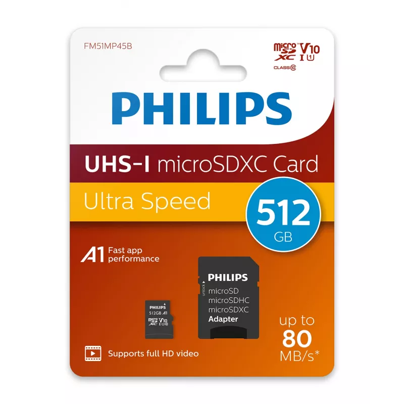 Philips FM51MP45B/00 microSDXC-kaart, 512 GB, Class 10, UHS-I U1, incl. adapter