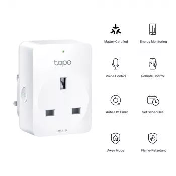 Smart-stekker TP-Link Tapo Mini P110M – Wi-Fi/Bluetooth intelligente binnenstekker, 16 A, 100–240 V, 3680 W, wit