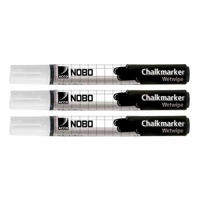 Nobo Chalk Nat uitwisbare markers (3 stk.), 3 stk., Wit