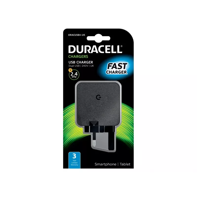 Duracell 2x2,4A USB telefoon-/tabletoplader, binnen, AC, 5 V, zwart