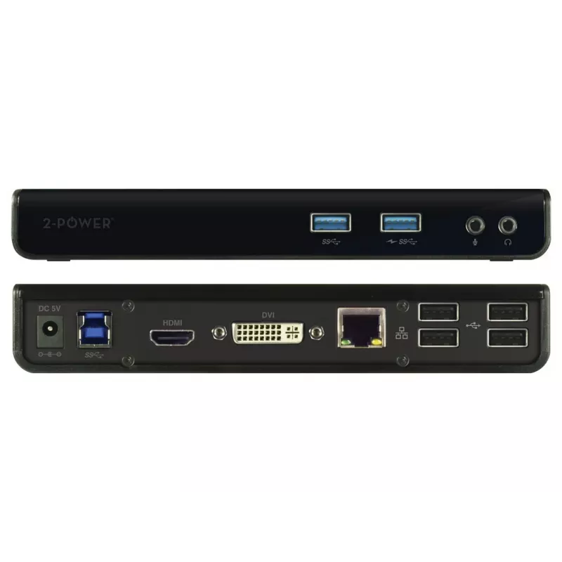 2-Power USB 3.0 dual display dockingstation, docking, 3,5 mm, USB Type-A, USB Type-B, 10,100,1000 Mbit/s, zwart, 5 Gbit/s