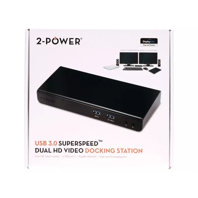 2-Power USB 3.0 dual display dockingstation, docking, 3,5 mm, USB Type-A, USB Type-B, 10,100,1000 Mbit/s, zwart, 5 Gbit/s