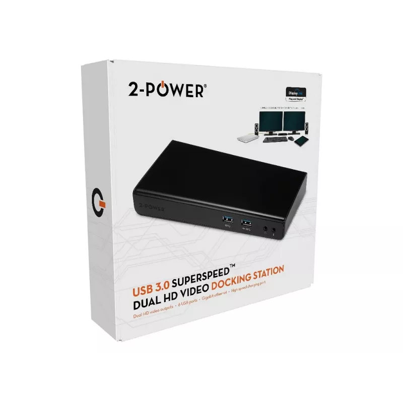 2-Power USB 3.0 dual display dockingstation, docking, 3,5 mm, USB Type-A, USB Type-B, 10,100,1000 Mbit/s, zwart, 5 Gbit/s