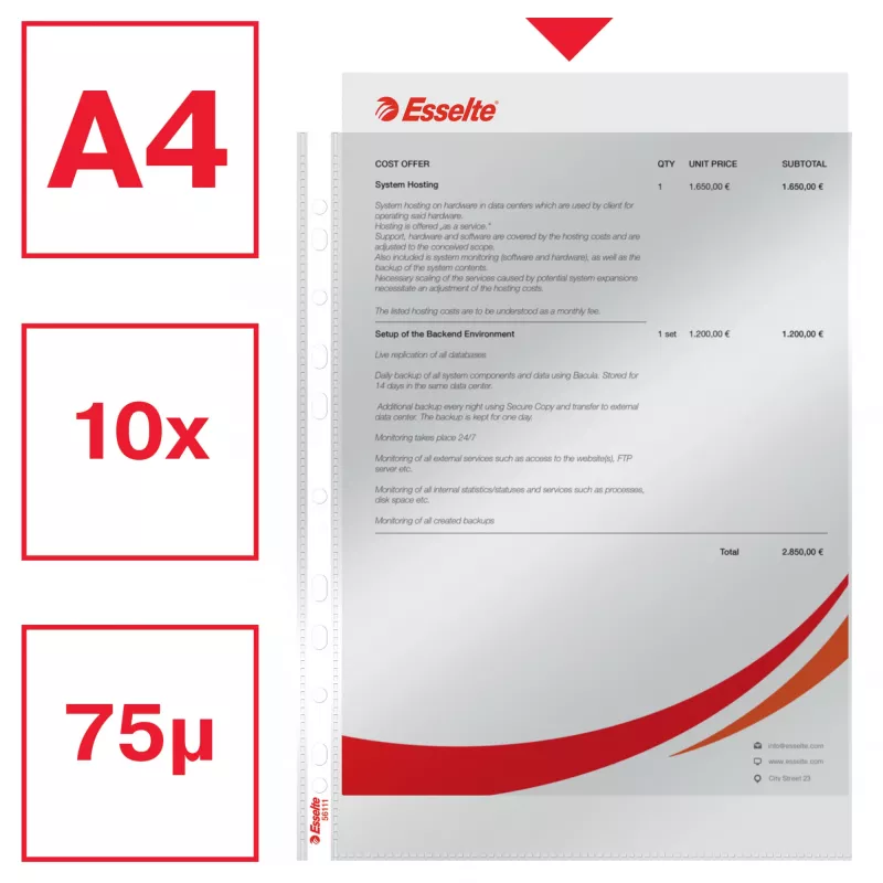 Esselte Pocket 75my A4, 210 x 297 mm (A4), transparant, polypropyleen (PP), staand, boven, 0,075 mm