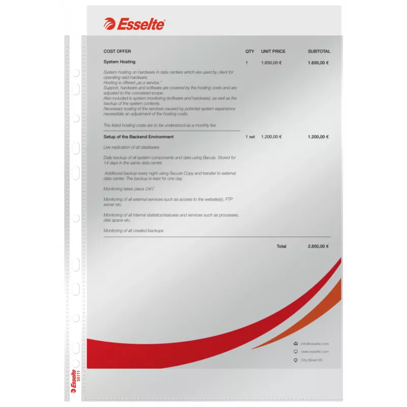Esselte Pocket 75my A4, 210 x 297 mm (A4), transparant, polypropyleen (PP), staand, boven, 0,075 mm