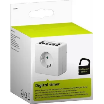 Smart-stekkerdoos MicroConnect GRUTIMER3 — indoor-tijdschakelaar met LCD, 110×81×78 mm, wit